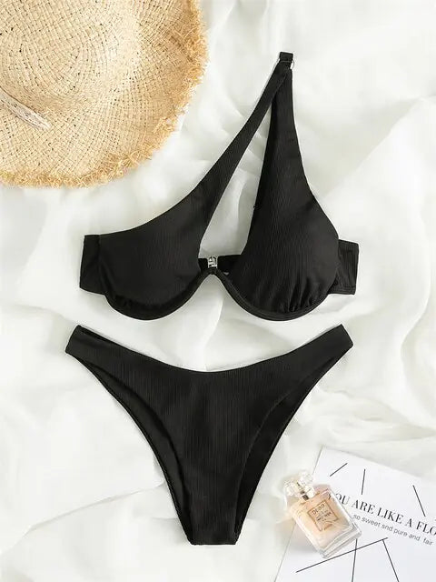 Solid Ribbed Bikini Set Chic - Merlani