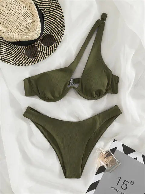 Solid Ribbed Bikini Set Chic - Merlani