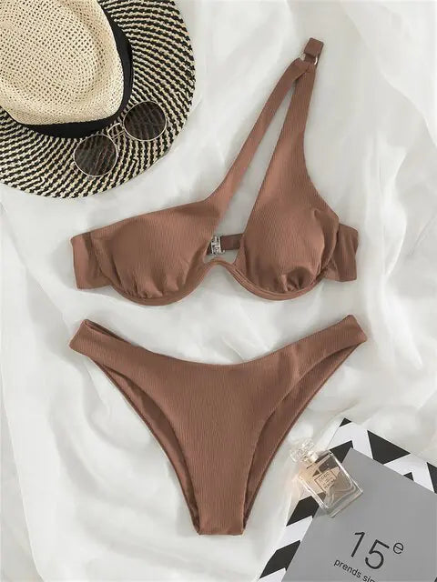 Solid Ribbed Bikini Set Chic - Merlani